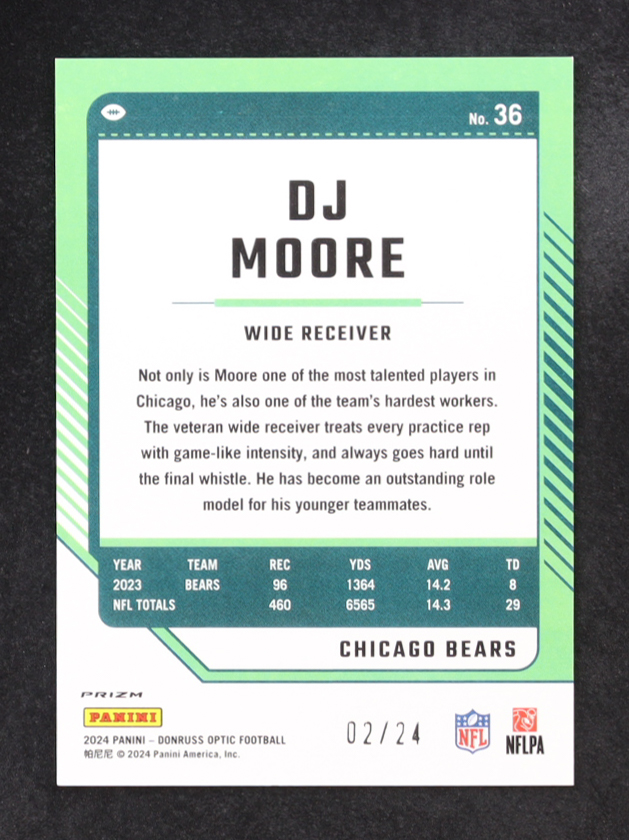 D.J. Moore 2024 Donruss Optic Dragon #36 #2/24 at PristineAuction.com D.J. Moore 2024 Donruss Optic Dragon #36 #2/24 at PristineAuction.com