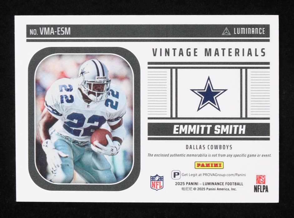 Emmitt Smith 2025 Panini Luminance Vintage Materials #1 at PristineAuction.com Emmitt Smith 2025 Panini Luminance Vintage Materials #1 at PristineAuction.com