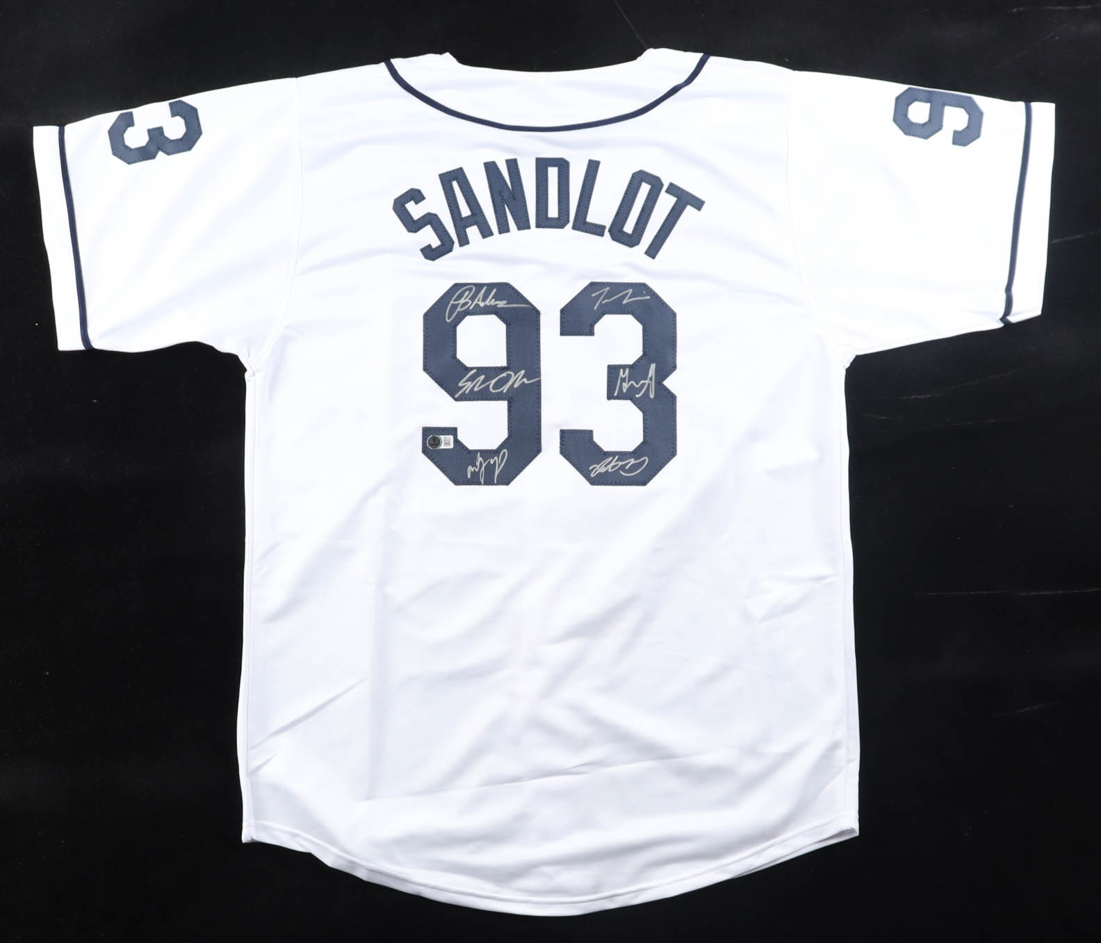 "The Sandlot" Baseball Jersey Cast-Signed by (6) with Tom Guiry, Marty York, Shane Obedzinski, Victor DiMattia, Brandon Adams (Beckett) at PristineAuction.com "The Sandlot" Baseball Jersey Cast-Signed by (6) with Tom Guiry, Marty York, Shane Obedzinski, Victor DiMattia, Brandon Adams (Beckett) at PristineAuction.com