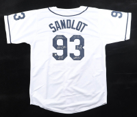 "The Sandlot" Baseball Jersey Cast-Signed by (6) with Tom Guiry, Marty York, Shane Obedzinski, Victor DiMattia, Brandon Adams (Beckett) at PristineAuction.com