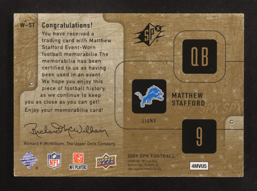 Matthew Stafford 2009 SPx Winning Materials Patch #WST #45/99 RC at PristineAuction.com Matthew Stafford 2009 SPx Winning Materials Patch #WST #45/99 RC at PristineAuction.com