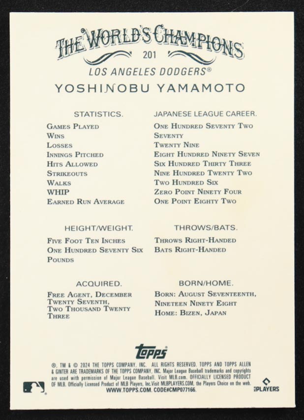 Yoshinobu Yamamoto 2024 Topps Allen and Ginter Chrome #201 RC at PristineAuction.com Yoshinobu Yamamoto 2024 Topps Allen and Ginter Chrome #201 RC at PristineAuction.com