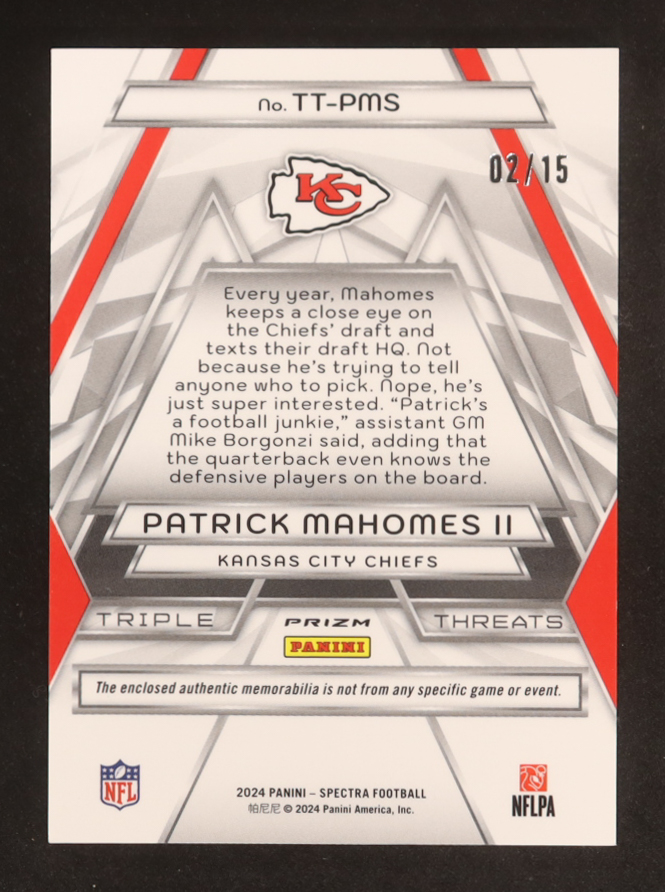 Patrick Mahomes II 2024 Panini Spectra Triple Threats Materials Neon Pink #17 #02/15 at PristineAuction.com Patrick Mahomes II 2024 Panini Spectra Triple Threats Materials Neon Pink #17 #02/15 at PristineAuction.com