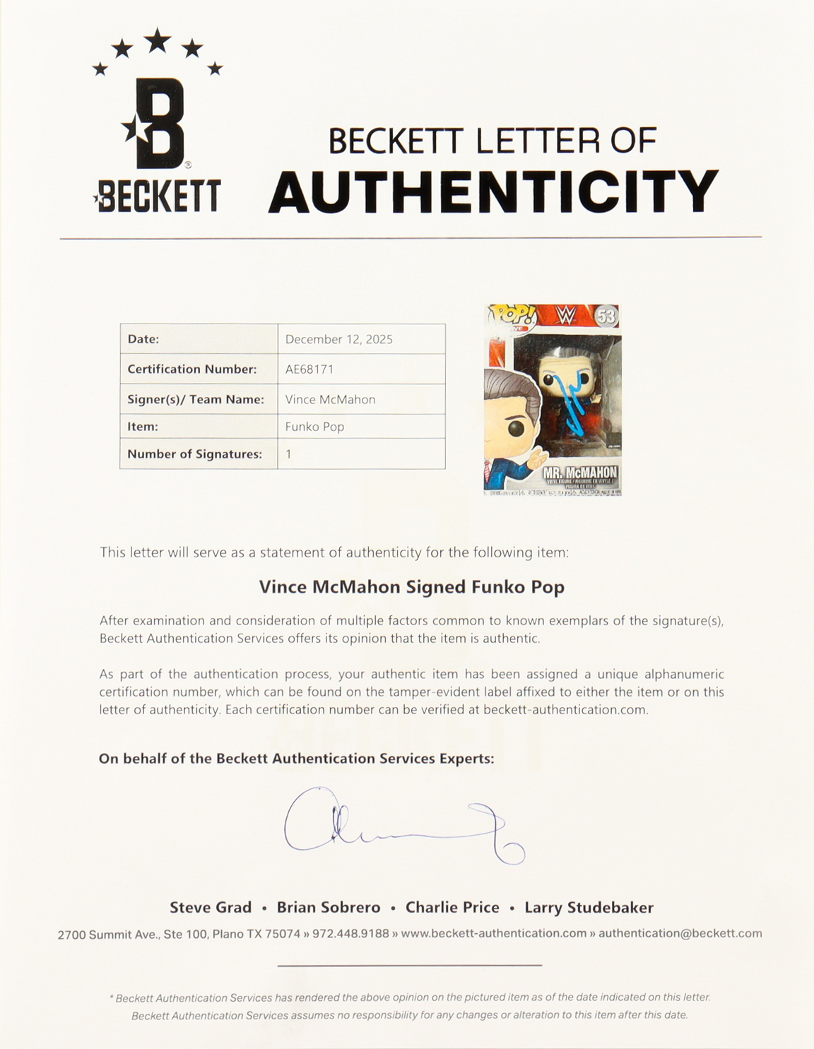 Vince McMahon Signed WWE #53 Mr. McMahon Funko Pop! Vinyl Figure (Beckett) at PristineAuction.com Vince McMahon Signed WWE #53 Mr. McMahon Funko Pop! Vinyl Figure (Beckett) at PristineAuction.com