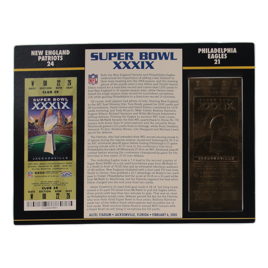 Super Bowl XXXIX Commemorative Score Card with 23KT Gold Ticket Framed Display at PristineAuction.com Super Bowl XXXIX Commemorative Score Card with 23KT Gold Ticket Framed Display at PristineAuction.com