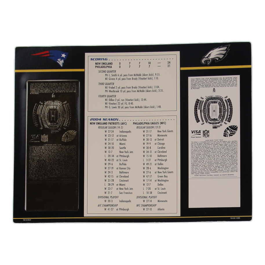 Super Bowl XXXIX Commemorative Score Card with 23KT Gold Ticket Framed Display at PristineAuction.com Super Bowl XXXIX Commemorative Score Card with 23KT Gold Ticket Framed Display at PristineAuction.com