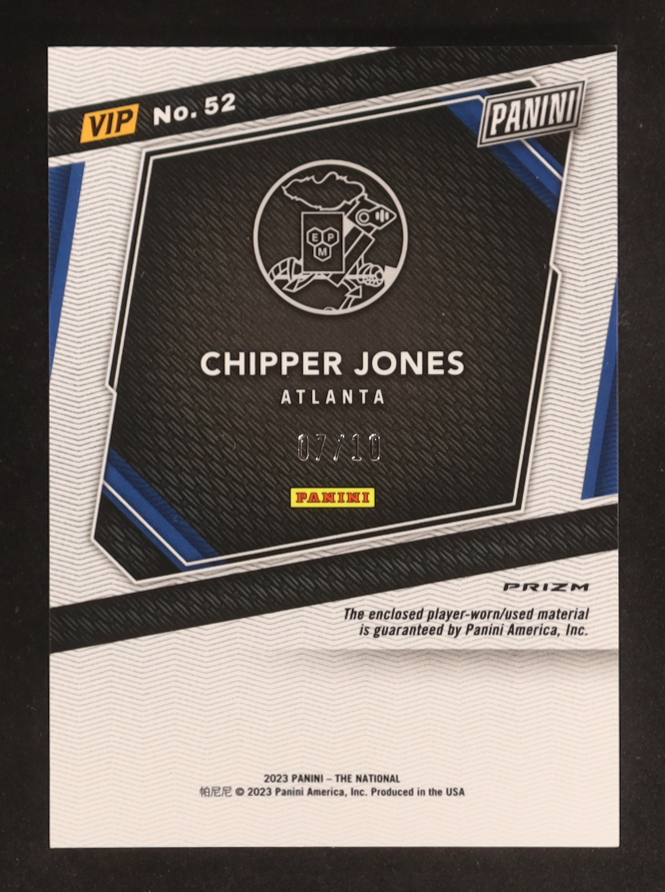 Chipper Jones 2023 Panini National Convention VIP Gold Packs Memorabilia Gold #52 #07/10 at PristineAuction.com Chipper Jones 2023 Panini National Convention VIP Gold Packs Memorabilia Gold #52 #07/10 at PristineAuction.com