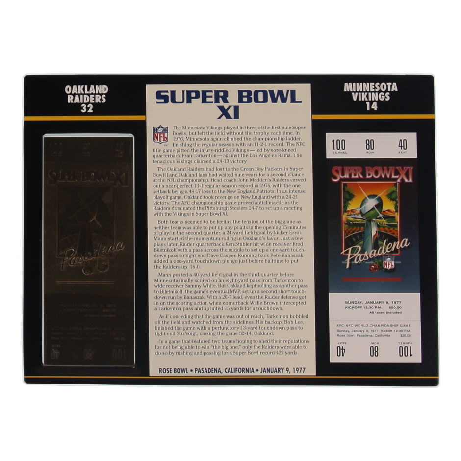 Super Bowl XI Commemorative Score Card with 23KT Gold Ticket Framed Display at PristineAuction.com Super Bowl XI Commemorative Score Card with 23KT Gold Ticket Framed Display at PristineAuction.com