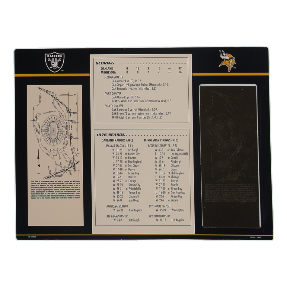Super Bowl XI Commemorative Score Card with 23KT Gold Ticket Framed Display at PristineAuction.com Super Bowl XI Commemorative Score Card with 23KT Gold Ticket Framed Display at PristineAuction.com
