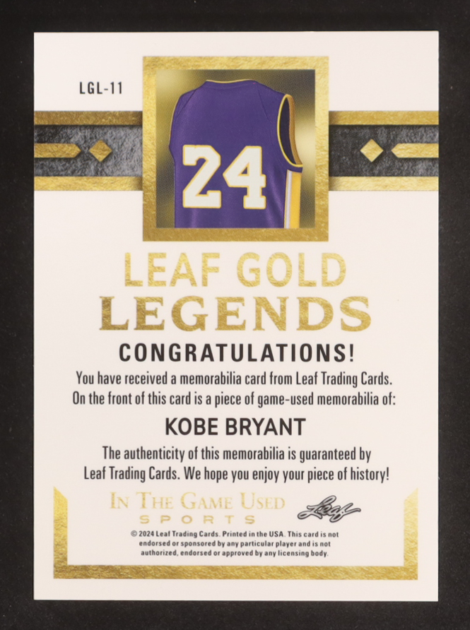Kobe Bryant 2024 Leaf ITG Used Sports Leaf Gold Legends Memorabilia Rainbow Crystal #LGL11 #18/45 at PristineAuction.com Kobe Bryant 2024 Leaf ITG Used Sports Leaf Gold Legends Memorabilia Rainbow Crystal #LGL11 #18/45 at PristineAuction.com