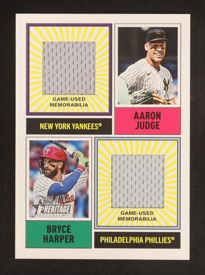 Bryce Harper / Aaron Judge 2025 Topps Heritage MLB Collection Dual Player Relics #DPMCRJH at PristineAuction.com Bryce Harper / Aaron Judge 2025 Topps Heritage MLB Collection Dual Player Relics #DPMCRJH at PristineAuction.com