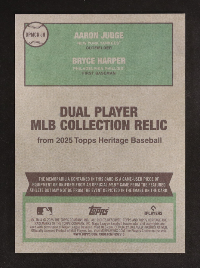 Bryce Harper / Aaron Judge 2025 Topps Heritage MLB Collection Dual Player Relics #DPMCRJH at PristineAuction.com Bryce Harper / Aaron Judge 2025 Topps Heritage MLB Collection Dual Player Relics #DPMCRJH at PristineAuction.com