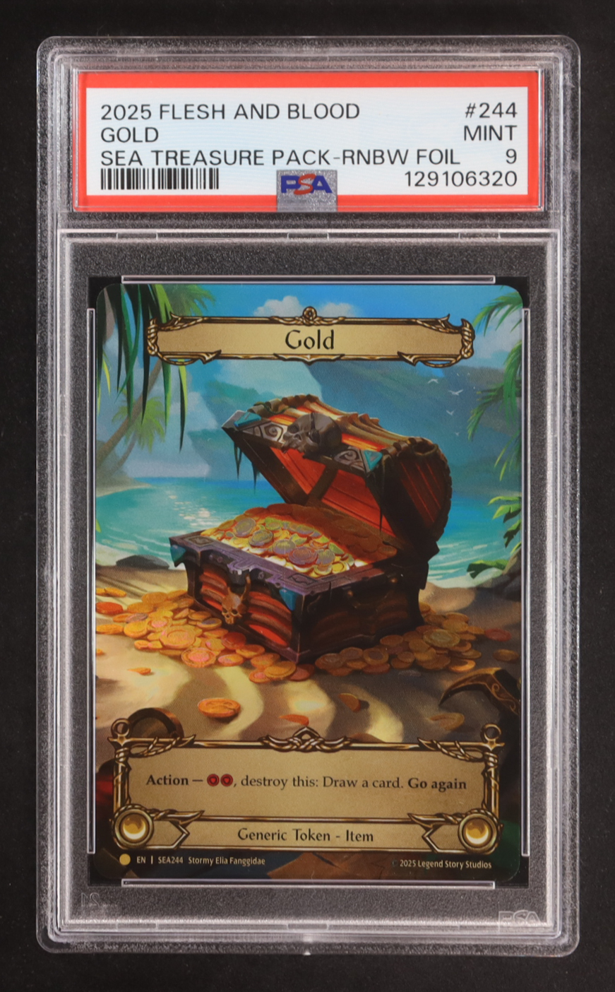 Flesh and Blood High Seas #SEA244 Gold // Gold RAINBOW FOIL MVL/(Treasure Pack) 2025 (PSA 9) at PristineAuction.com Flesh and Blood High Seas #SEA244 Gold // Gold RAINBOW FOIL MVL/(Treasure Pack) 2025 (PSA 9) at PristineAuction.com