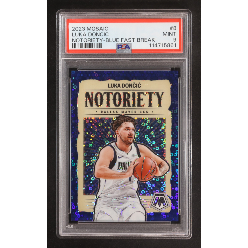Luka Doncic 2023-24 Panini Mosaic Notoriety Mosaic Fast Break Blue #8 (PSA 9) at PristineAuction.com