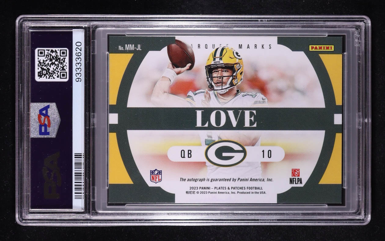 Jordan Love Signed Sticker On 2023 Panini Plates & Patches Marquee Marks Auto #MMJL #49/49 (PSA 8 | Autograph Graded PSA 10) at PristineAuction.com Jordan Love Signed Sticker On 2023 Panini Plates & Patches Marquee Marks Auto #MMJL #49/49 (PSA 8 | Autograph Graded PSA 10) at PristineAuction.com