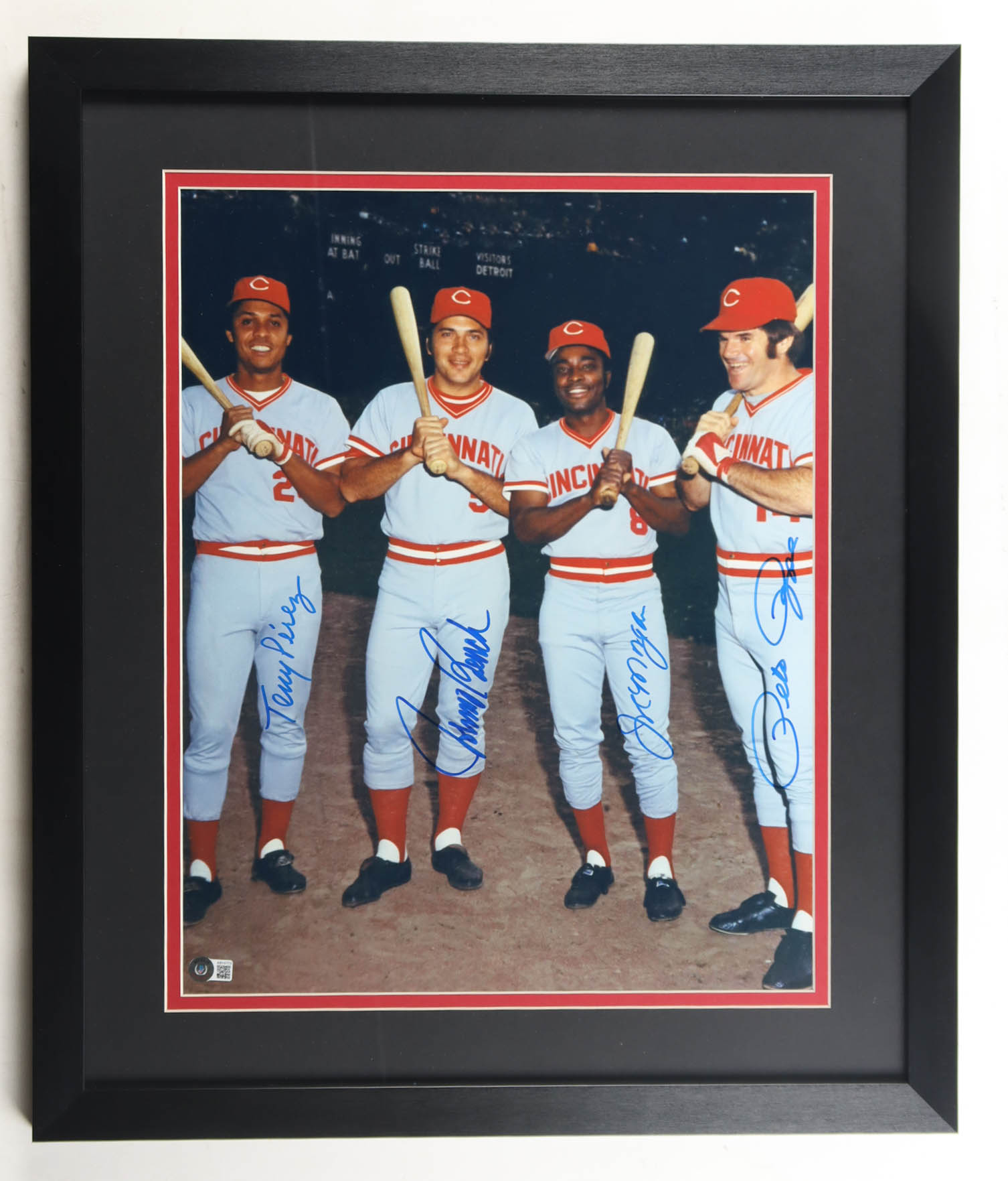 Reds "Big Red Machine" Custom Framed Photo Display Signed by (4) with Tony Perez, Johnny Bench, Joe Morgan, Pete Rose (Beckett) at PristineAuction.com Reds "Big Red Machine" Custom Framed Photo Display Signed by (4) with Tony Perez, Johnny Bench, Joe Morgan, Pete Rose (Beckett) at PristineAuction.com