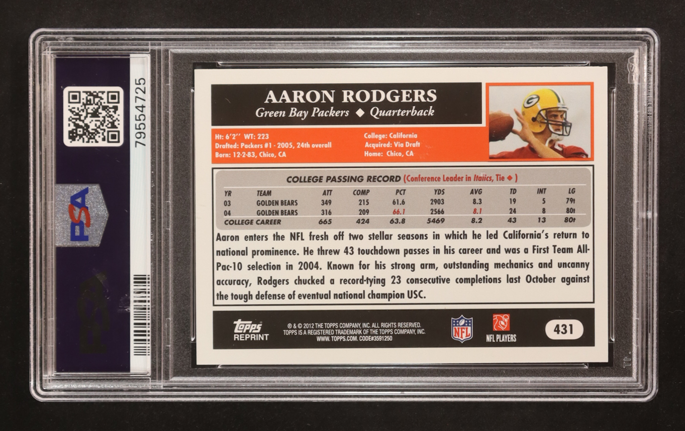 Aaron Rodgers 2012 Topps Rookie Reprint #431 / '05 (PSA 10) at PristineAuction.com Aaron Rodgers 2012 Topps Rookie Reprint #431 / '05 (PSA 10) at PristineAuction.com