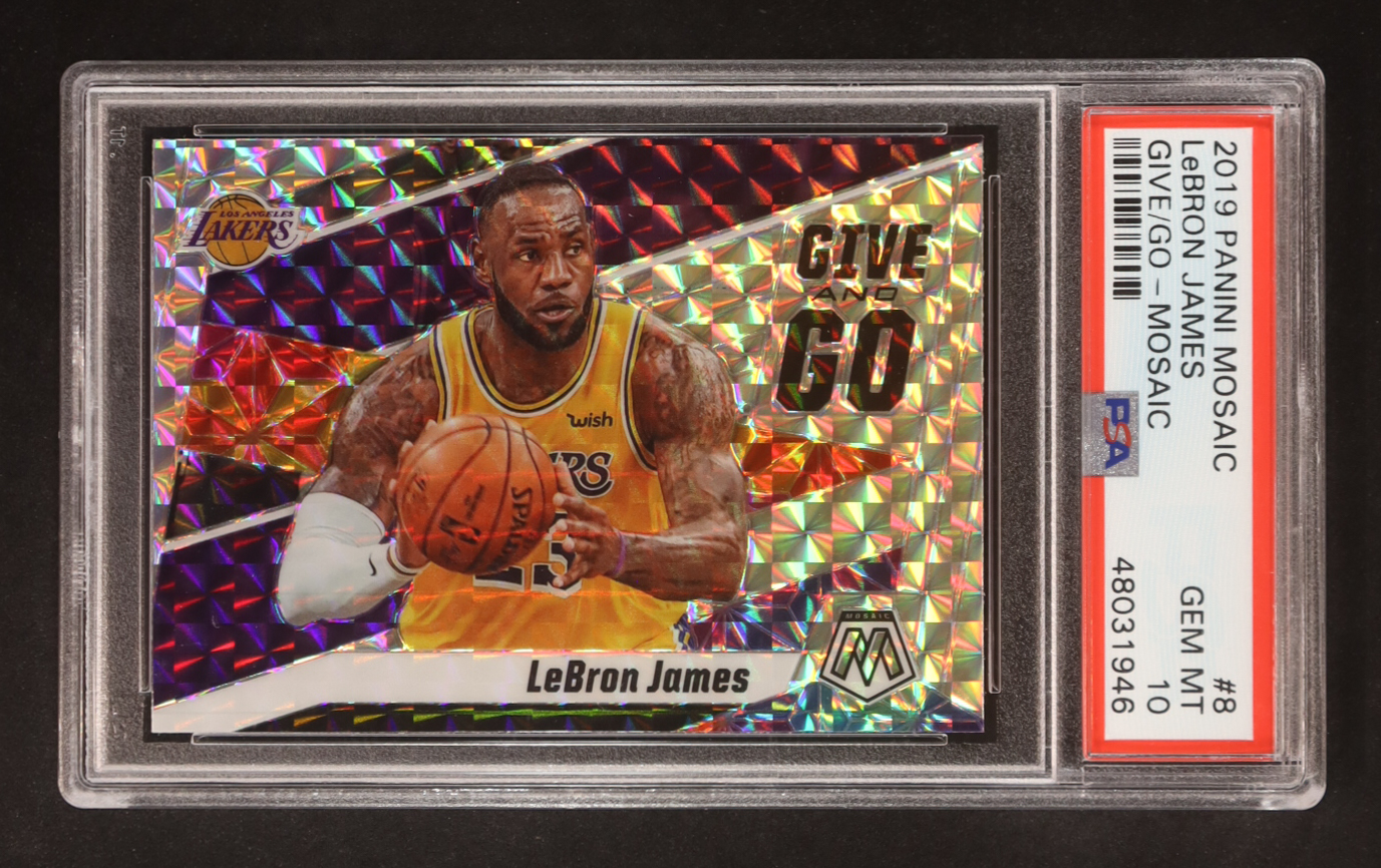LeBron James 2019-20 Panini Mosaic Give and Go Mosaic #8 (PSA 10) at PristineAuction.com LeBron James 2019-20 Panini Mosaic Give and Go Mosaic #8 (PSA 10) at PristineAuction.com