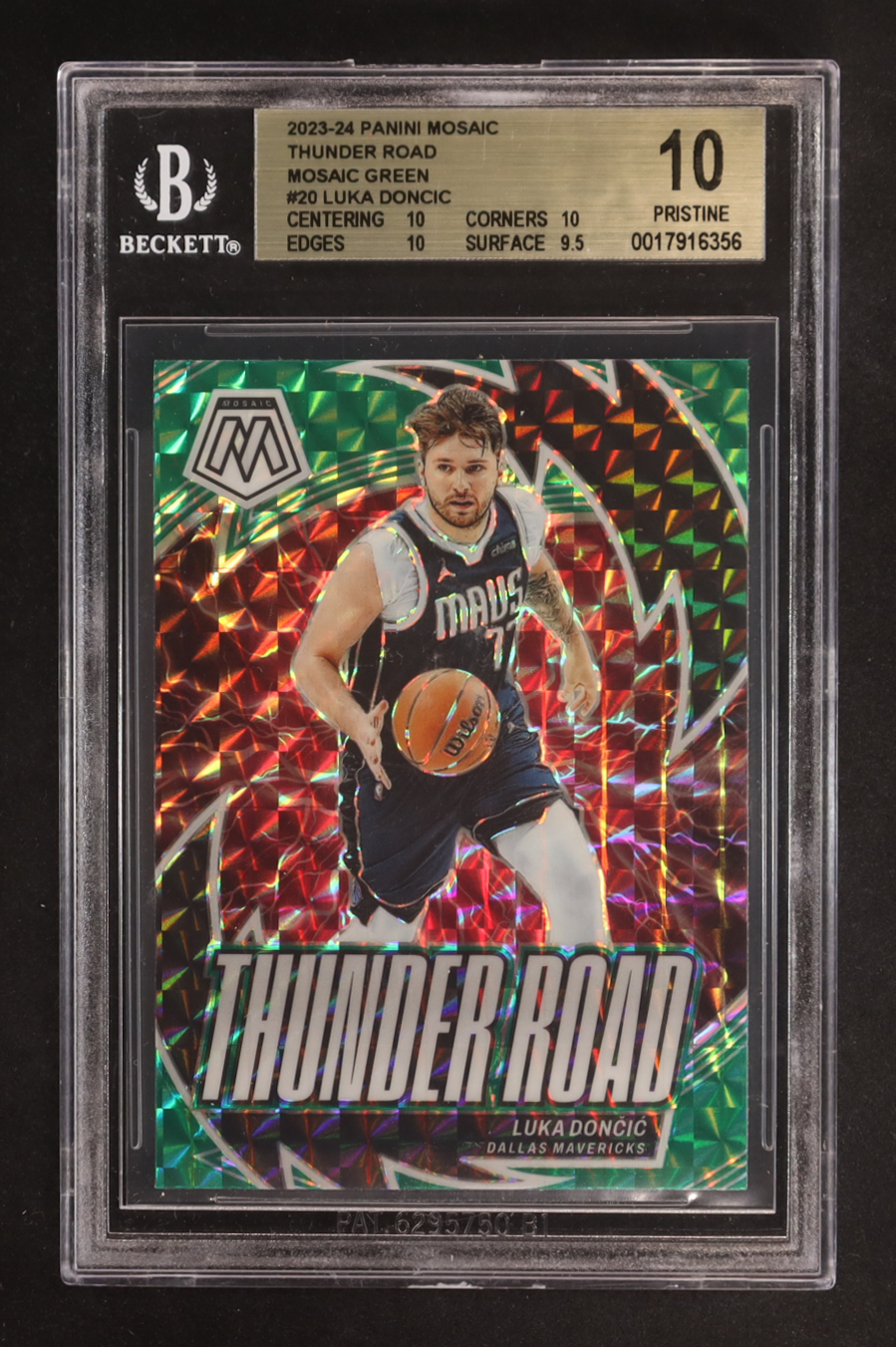 Luka Doncic 2023-24 Panini Mosaic Thunder Road Mosaic Green #20 (BGS 10) at PristineAuction.com Luka Doncic 2023-24 Panini Mosaic Thunder Road Mosaic Green #20 (BGS 10) at PristineAuction.com