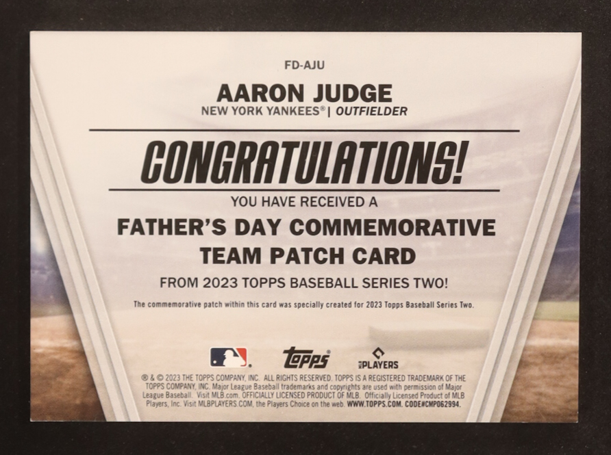Aaron Judge 2023 Topps Father's Day Commemorative Team Patches #FDAJU at PristineAuction.com Aaron Judge 2023 Topps Father's Day Commemorative Team Patches #FDAJU at PristineAuction.com