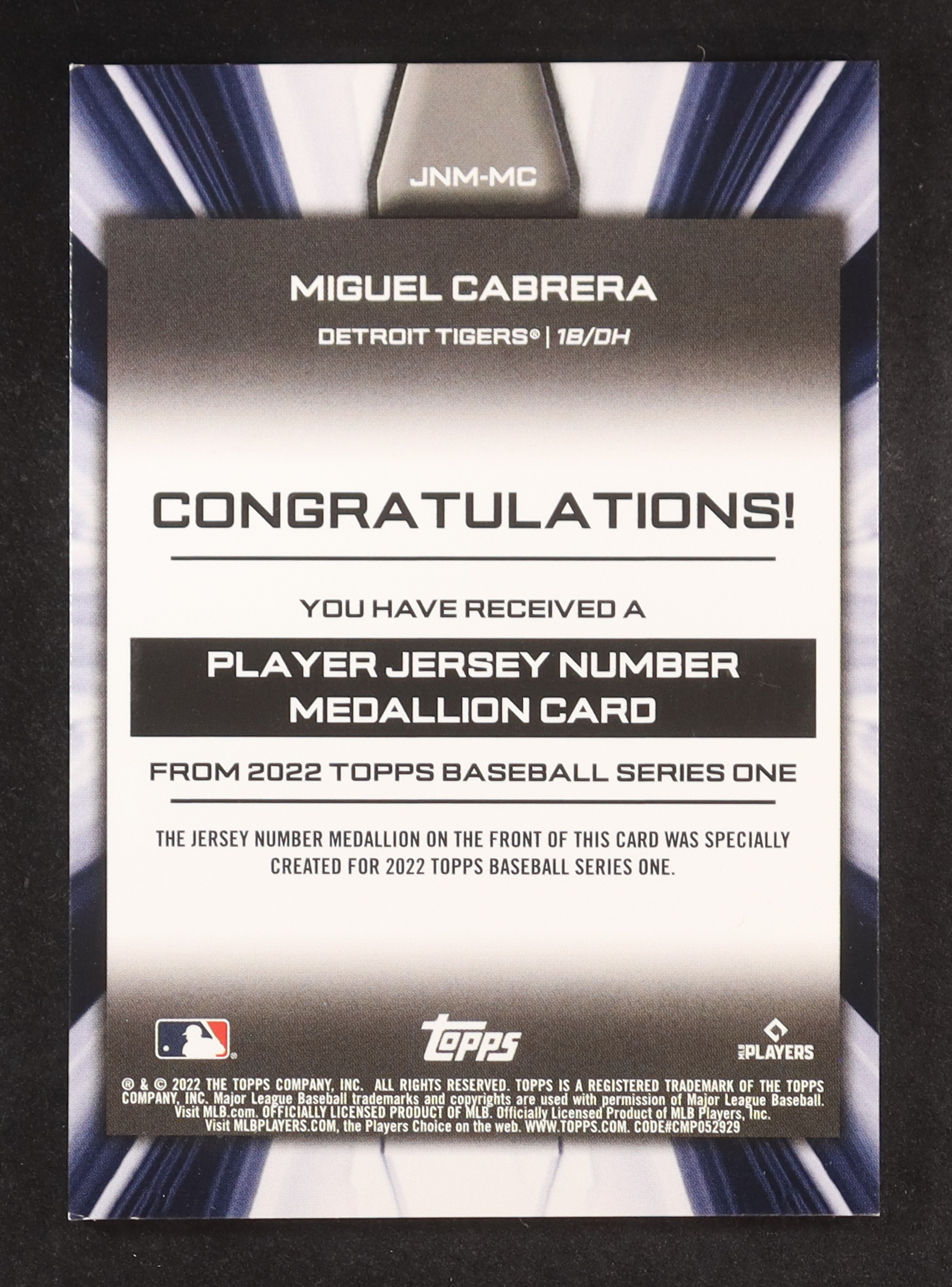 Miguel Cabrera 2022 Topps Commemorative Player Jersey Number Medallions #JNMMC at PristineAuction.com Miguel Cabrera 2022 Topps Commemorative Player Jersey Number Medallions #JNMMC at PristineAuction.com