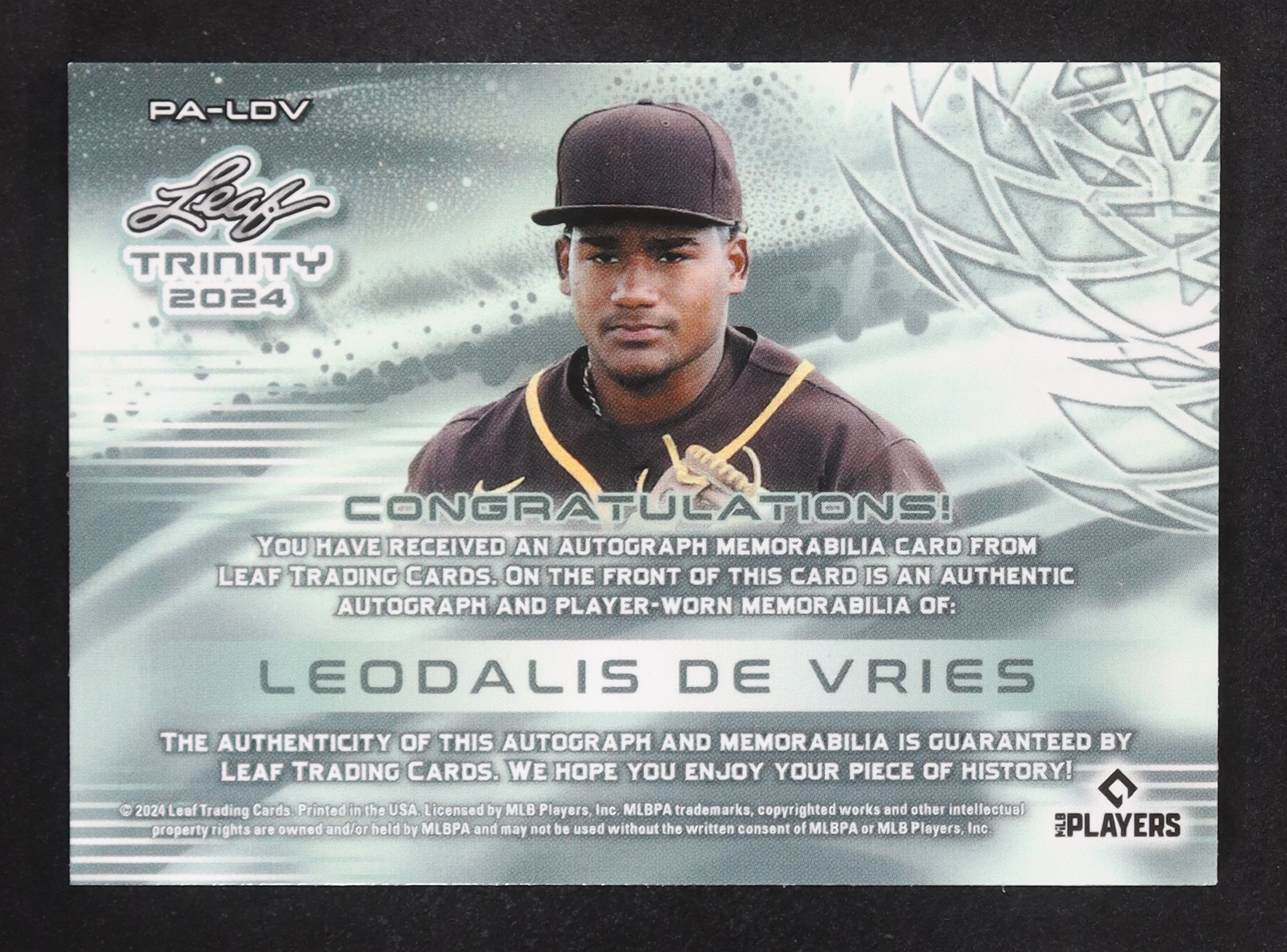 Leodalis De Vries 2024 Leaf Trinity Autographs Memorabilia Green #PALDV RC #11/25 at PristineAuction.com Leodalis De Vries 2024 Leaf Trinity Autographs Memorabilia Green #PALDV RC #11/25 at PristineAuction.com