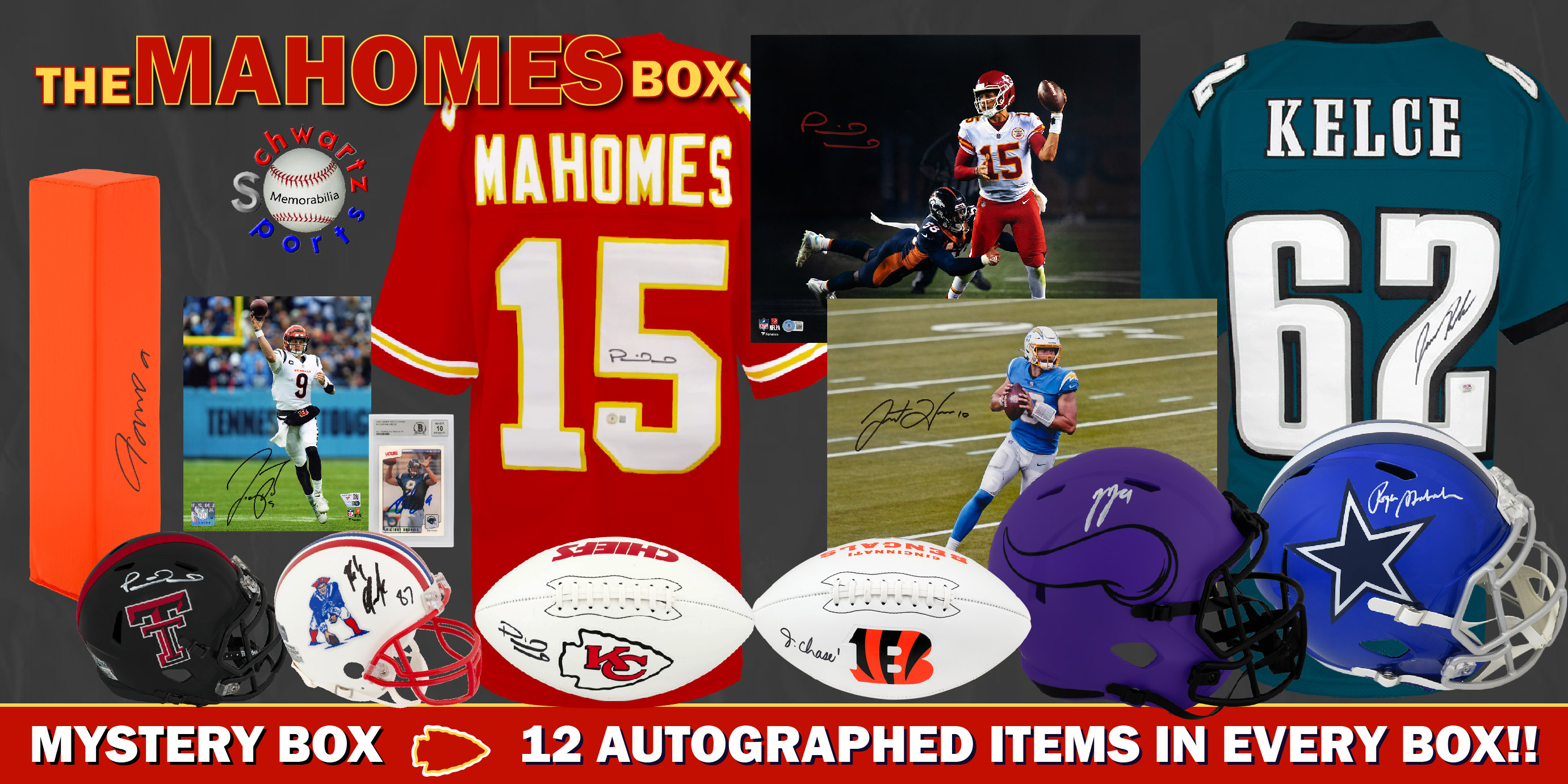 THE MAHOMES BOX Signed Mystery Box - Series 6 (Limited to 100) - featuring Travis Kelce (Taylor’s Version) (12 Autograph Items per Box) Chase the PATRICK MAHOMES SIGNED ITEMS!!!! - Schwartz Sports at PristineAuction.com THE MAHOMES BOX Signed Mystery Box - Series 6 (Limited to 100) - featuring Travis Kelce (Taylor’s Version) (12 Autograph Items per Box) Chase the PATRICK MAHOMES SIGNED ITEMS!!!! - Schwartz Sports at PristineAuction.com