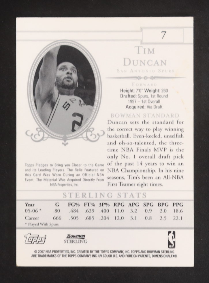 Tim Duncan 2006-07 Bowman Sterling Jersey #7 at PristineAuction.com Tim Duncan 2006-07 Bowman Sterling Jersey #7 at PristineAuction.com