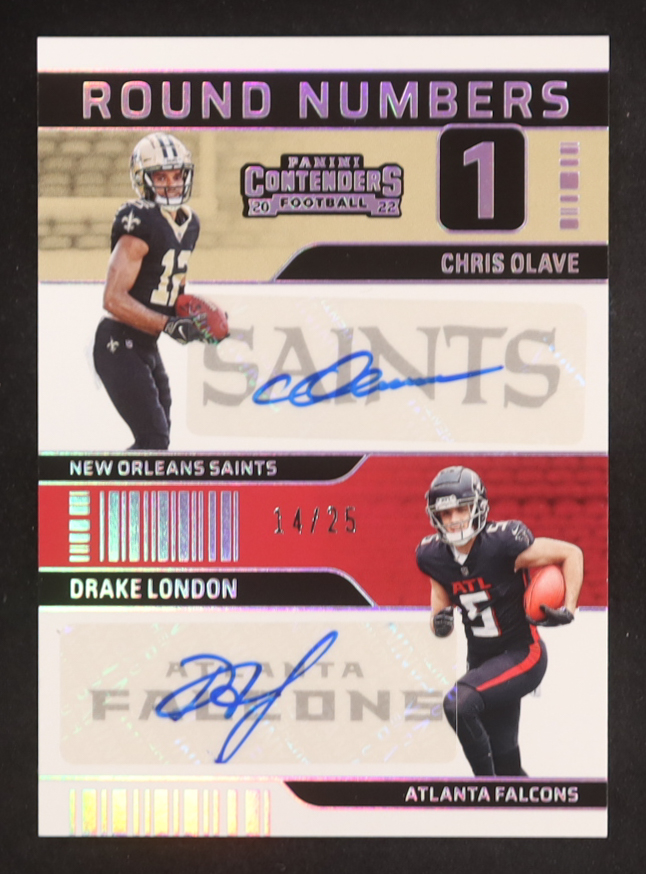 Chris Olave / Drake London 2022 Panini Contenders Round Numbers Dual Autographs #3 #14/25 RC at PristineAuction.com Chris Olave / Drake London 2022 Panini Contenders Round Numbers Dual Autographs #3 #14/25 RC at PristineAuction.com