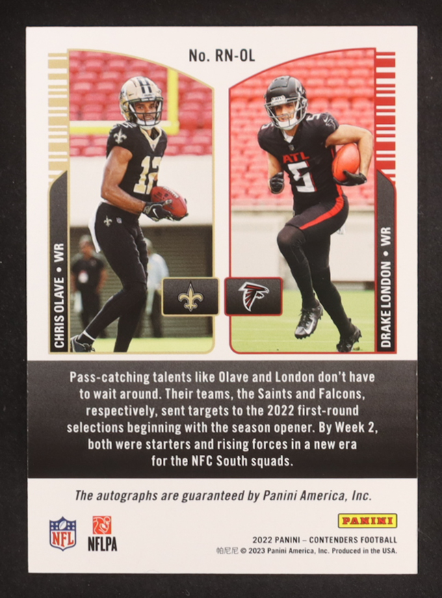 Chris Olave / Drake London 2022 Panini Contenders Round Numbers Dual Autographs #3 #14/25 RC at PristineAuction.com Chris Olave / Drake London 2022 Panini Contenders Round Numbers Dual Autographs #3 #14/25 RC at PristineAuction.com