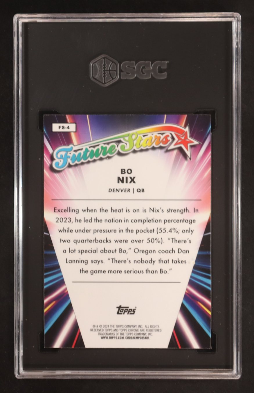 Bo Nix 2024 Topps Chrome Future Stars Lazer Refractors #FS4 RC (SGC 10) at PristineAuction.com Bo Nix 2024 Topps Chrome Future Stars Lazer Refractors #FS4 RC (SGC 10) at PristineAuction.com