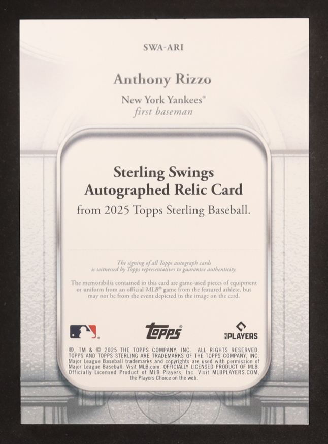 Anthony Rizzo 2025 Topps Sterling Sterling Swings Autograph Relics #SWAARI #21/25 at PristineAuction.com Anthony Rizzo 2025 Topps Sterling Sterling Swings Autograph Relics #SWAARI #21/25 at PristineAuction.com