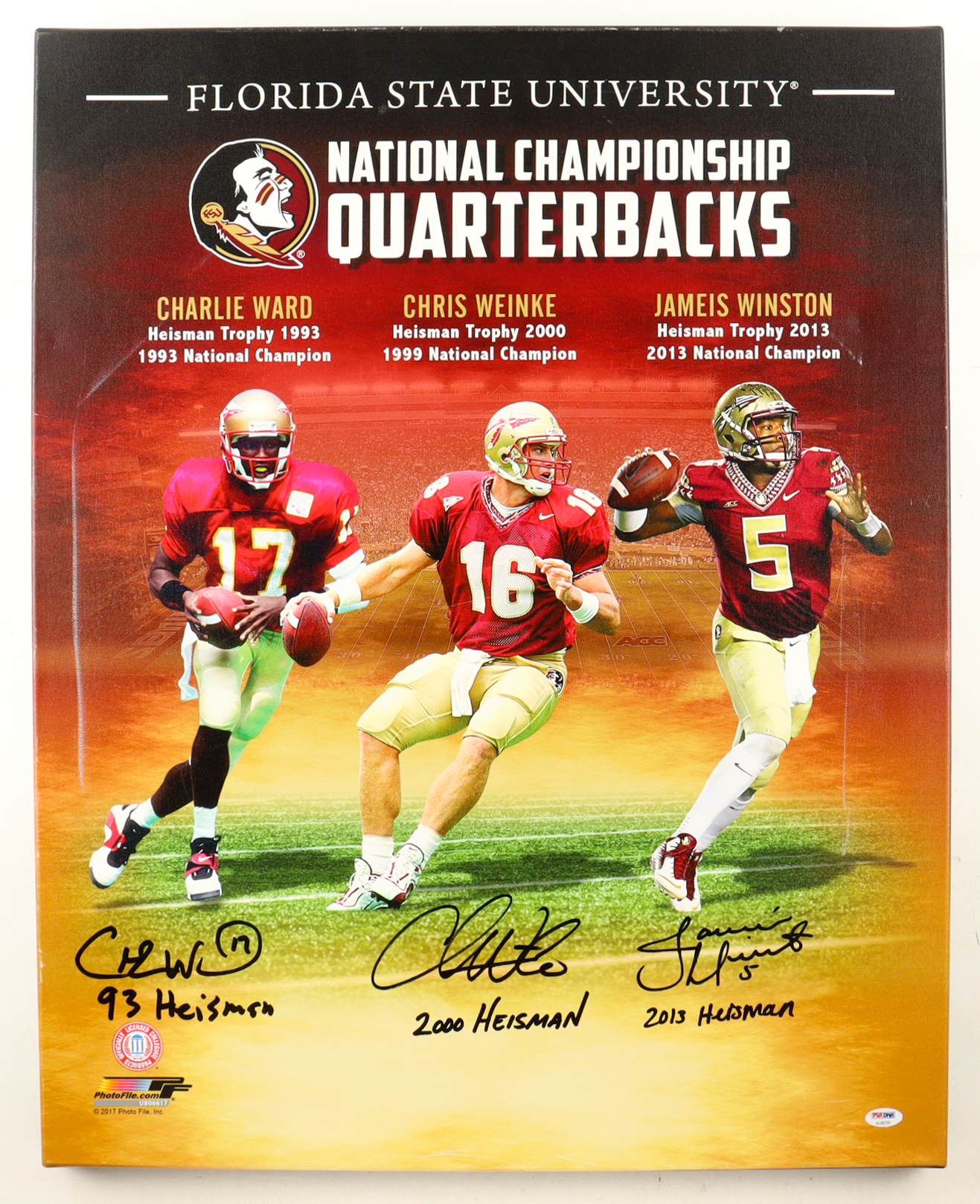 Florida State Seminoles Custom Framed Canvas Display Signed By (3) Charlie Ward, Chris Weinke, & Jameis Winston Inscribed "93, 2000, 2013, Heisman" (PSA) at PristineAuction.com Florida State Seminoles Custom Framed Canvas Display Signed By (3) Charlie Ward, Chris Weinke, & Jameis Winston Inscribed "93, 2000, 2013, Heisman" (PSA) at PristineAuction.com