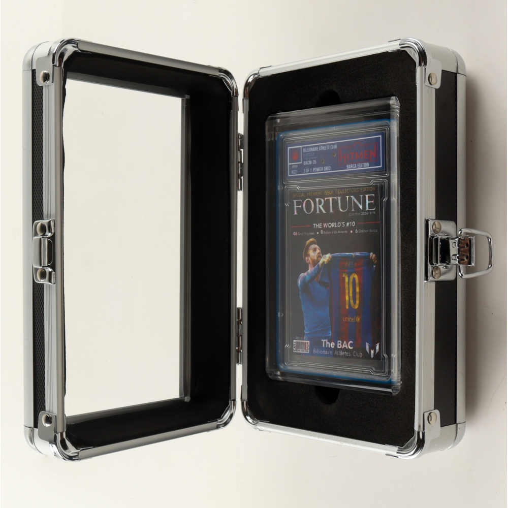 Lionel Messi "Billionaire Athlete Club" 2024 The Case Hitmen #221 #BACM-35 1/1 Power Grid Barca Edition Custom Trading Card - Signed by the Artist at PristineAuction.com