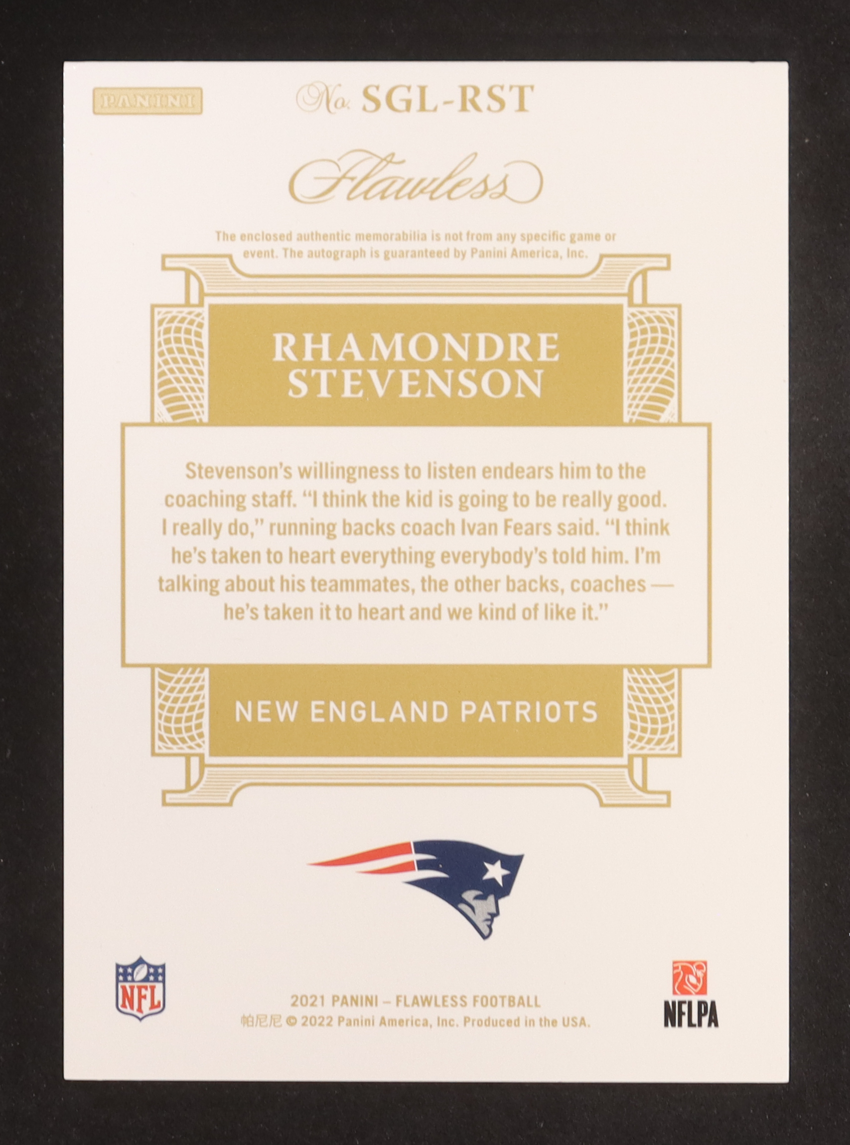 Rhamondre Stevenson 2021 Panini Flawless Signature Gloves #20 RC #8/25 at PristineAuction.com Rhamondre Stevenson 2021 Panini Flawless Signature Gloves #20 RC #8/25 at PristineAuction.com