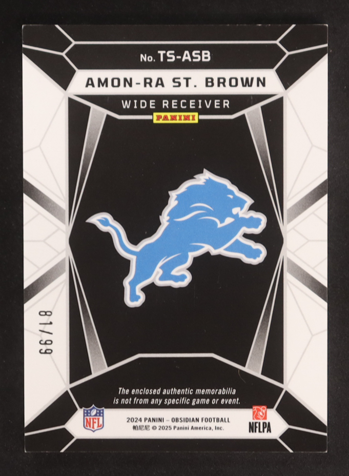 Amon-Ra St. Brown 2024 Panini Obsidian Trifecta Swatches Silver #33 #81/99 at PristineAuction.com Amon-Ra St. Brown 2024 Panini Obsidian Trifecta Swatches Silver #33 #81/99 at PristineAuction.com