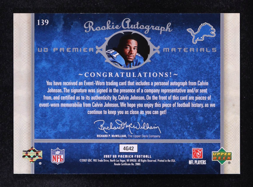 Calvin Johnson 2007 Upper Deck Premier #139 Jersey Autograph #134/199 RC at PristineAuction.com Calvin Johnson 2007 Upper Deck Premier #139 Jersey Autograph #134/199 RC at PristineAuction.com