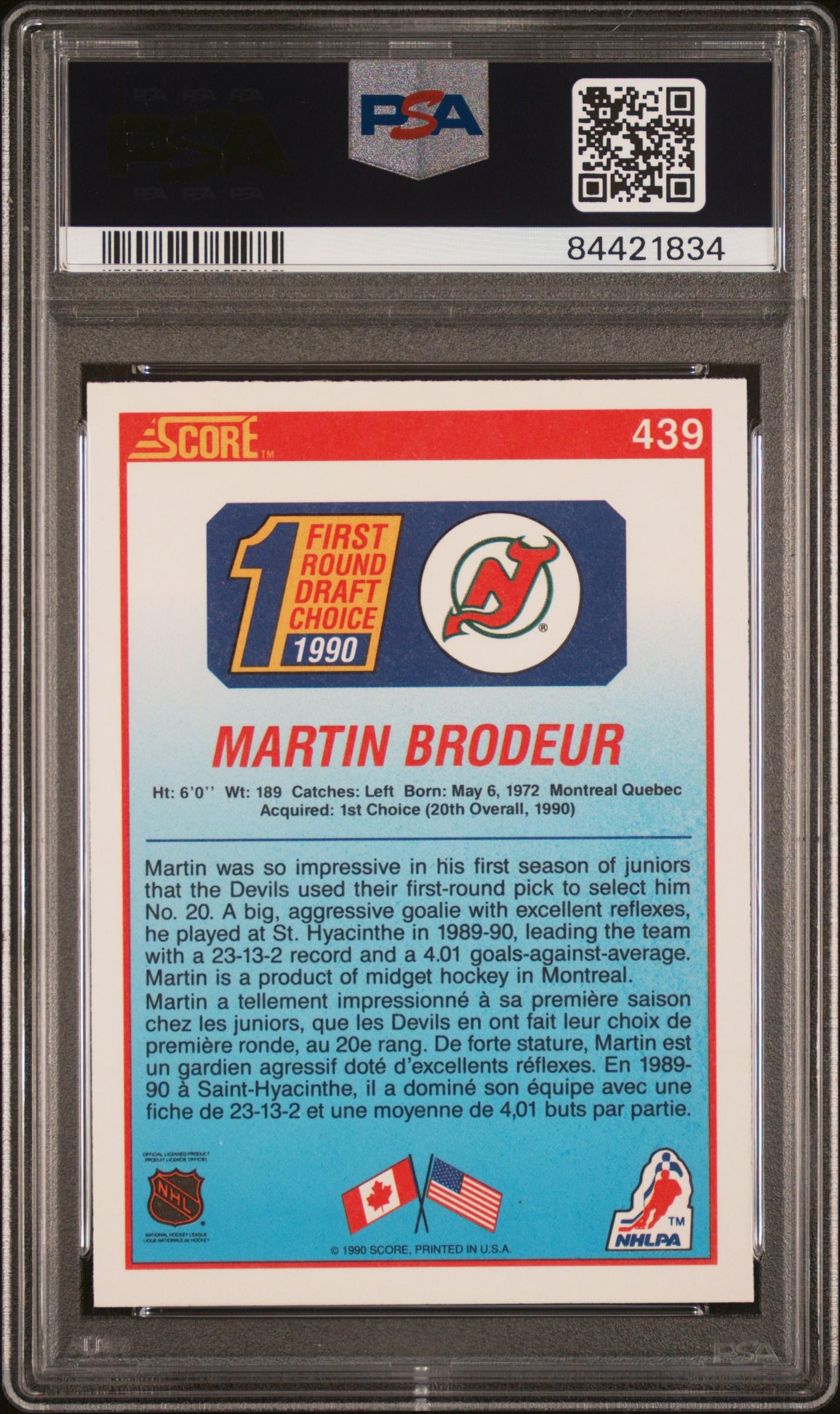 Martin Brodeur 1990 Score Canadian #439 RC (PSA 10) at PristineAuction.com Martin Brodeur 1990 Score Canadian #439 RC (PSA 10) at PristineAuction.com