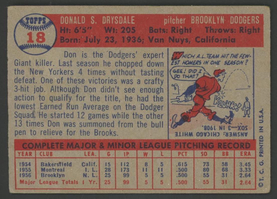 Don Drysdale 1957 Topps #18 RC at PristineAuction.com Don Drysdale 1957 Topps #18 RC at PristineAuction.com