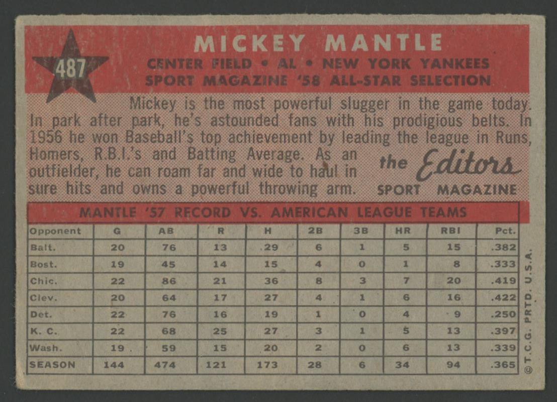 Mickey Mantle 1958 Topps #487 AS TP at PristineAuction.com Mickey Mantle 1958 Topps #487 AS TP at PristineAuction.com