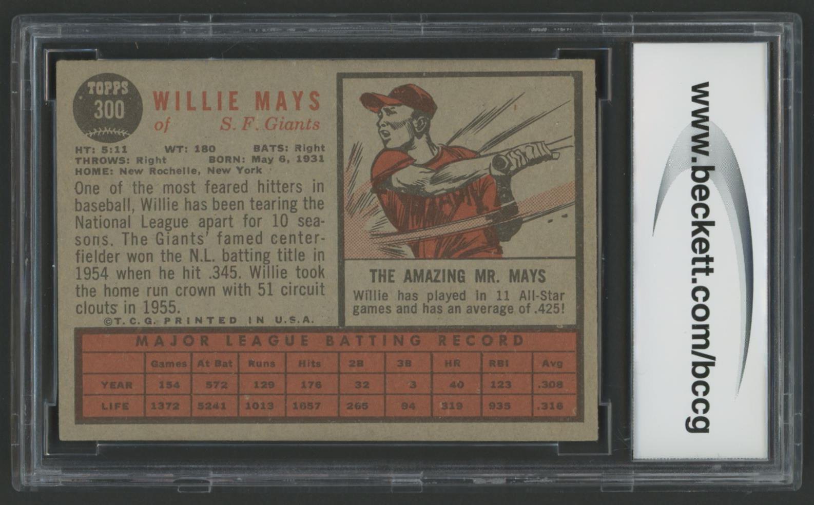 Willie Mays 1962 Topps #300 (BCCG 8) at PristineAuction.com Willie Mays 1962 Topps #300 (BCCG 8) at PristineAuction.com