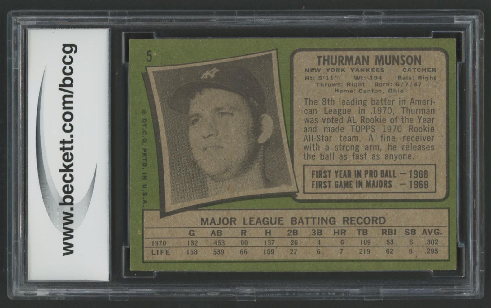 Thurman Munson 1971 Topps #5 (BCCG 8) at PristineAuction.com Thurman Munson 1971 Topps #5 (BCCG 8) at PristineAuction.com