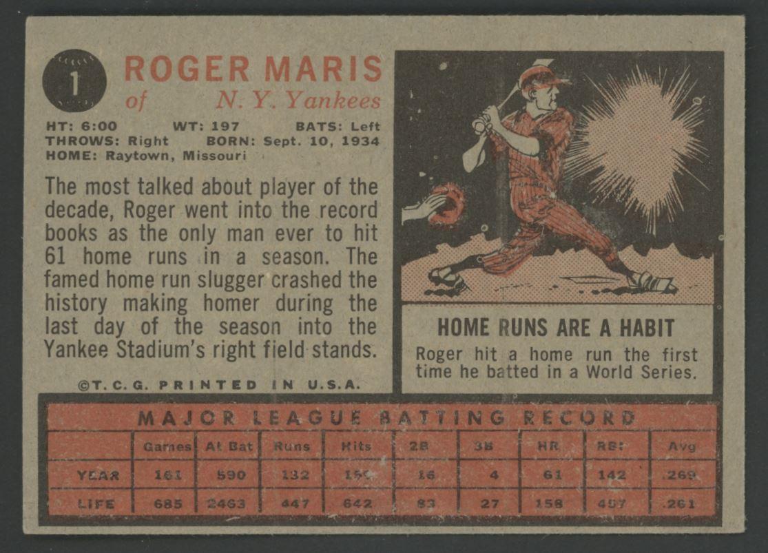 Roger Maris 1962 Topps #1 at PristineAuction.com Roger Maris 1962 Topps #1 at PristineAuction.com
