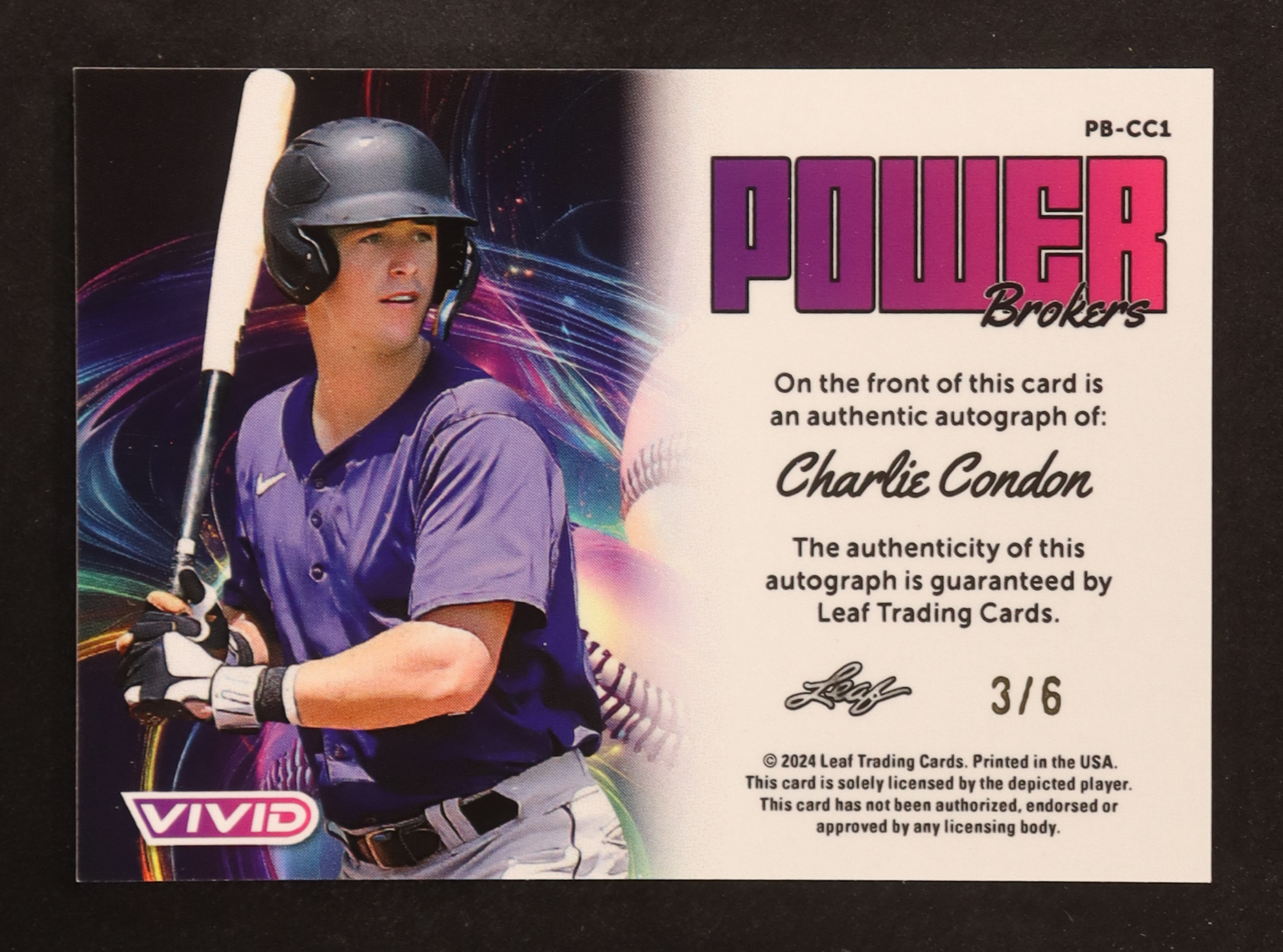 Charlie Condon 2024 Leaf Vivid Power Brokers Autograph White #PBCC1 RC #3/6 at PristineAuction.com Charlie Condon 2024 Leaf Vivid Power Brokers Autograph White #PBCC1 RC #3/6 at PristineAuction.com