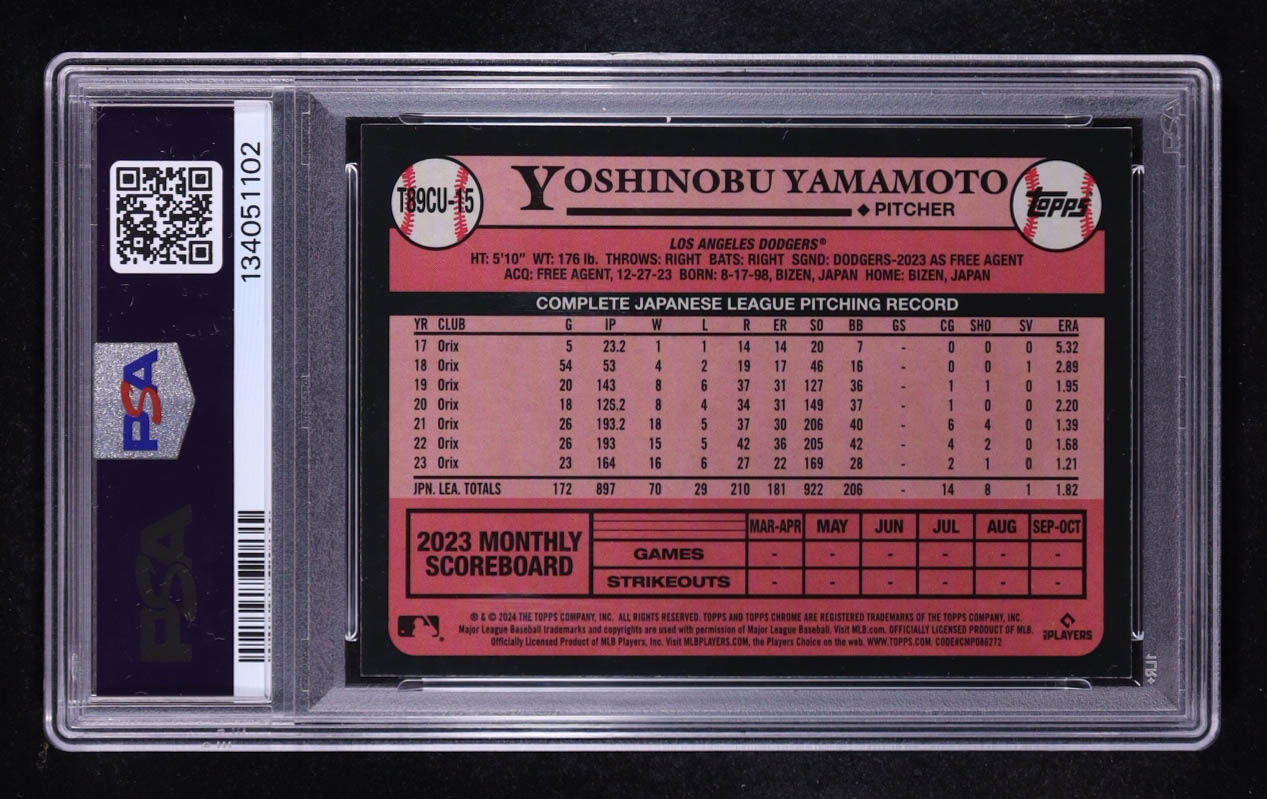 Yoshinobu Yamamoto 2024 Topps Update '89 Topps Silver Pack Chrome #T89CU15 RC (PSA 9) at PristineAuction.com Yoshinobu Yamamoto 2024 Topps Update '89 Topps Silver Pack Chrome #T89CU15 RC (PSA 9) at PristineAuction.com