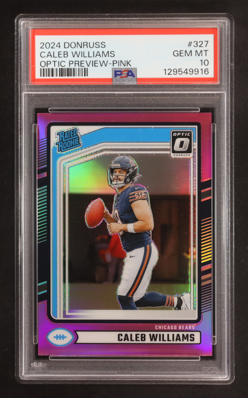Caleb Williams 2024 Donruss Optic Rated Rookies Preview Pink #327 RC (PSA 10) at PristineAuction.com Caleb Williams 2024 Donruss Optic Rated Rookies Preview Pink #327 RC (PSA 10) at PristineAuction.com