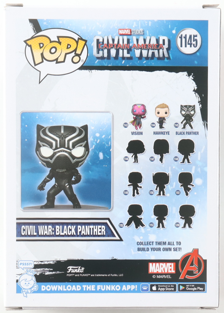 Chadwick Boseman Signed "Captain America: Civil War" #1145 Civil War: Black Panther Funko Pop! Vinyl Figure (JSA) at PristineAuction.com Chadwick Boseman Signed "Captain America: Civil War" #1145 Civil War: Black Panther Funko Pop! Vinyl Figure (JSA) at PristineAuction.com
