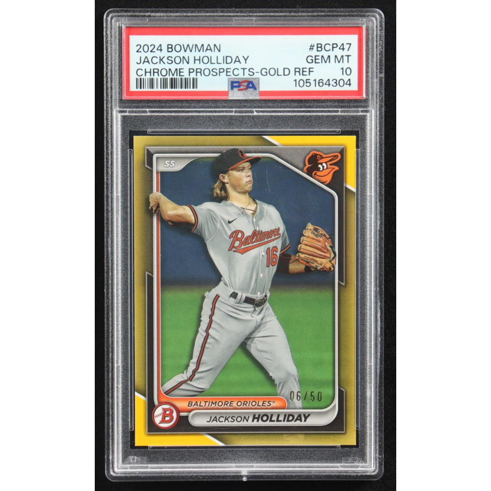 Jackson Holliday 2024 Bowman Chrome Prospects Gold Refractor #BCP-47 RC #06/50 (PSA 10) at PristineAuction.com
