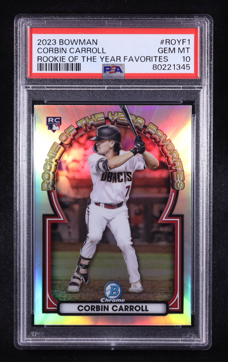 Corbin Carroll 2023 Bowman Chrome Rookie of the Year Favorites #ROYF1 RC (PSA 10) at PristineAuction.com Corbin Carroll 2023 Bowman Chrome Rookie of the Year Favorites #ROYF1 RC (PSA 10) at PristineAuction.com