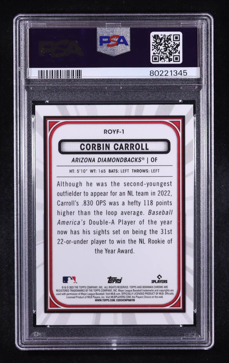 Corbin Carroll 2023 Bowman Chrome Rookie of the Year Favorites #ROYF1 RC (PSA 10) at PristineAuction.com Corbin Carroll 2023 Bowman Chrome Rookie of the Year Favorites #ROYF1 RC (PSA 10) at PristineAuction.com
